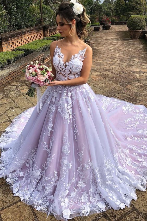 floral wedding dresses ball gown v neck lace appliqué sleeveless