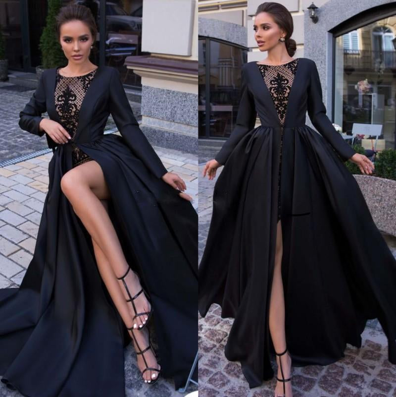 ensidigt lineær Kommerciel vintage prom dresses plus size lace applique black elegant satin cheap –  luckybridal