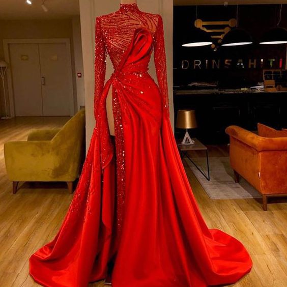 sejle Flipper saltet high neck red prom dresses long sleeve elegant beaded elegant luxury p –  luckybridal