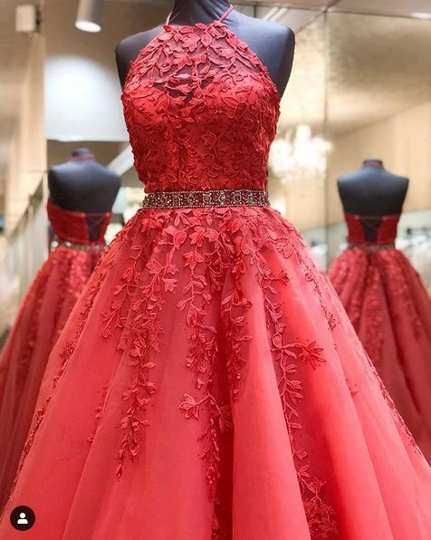 red halter prom dress